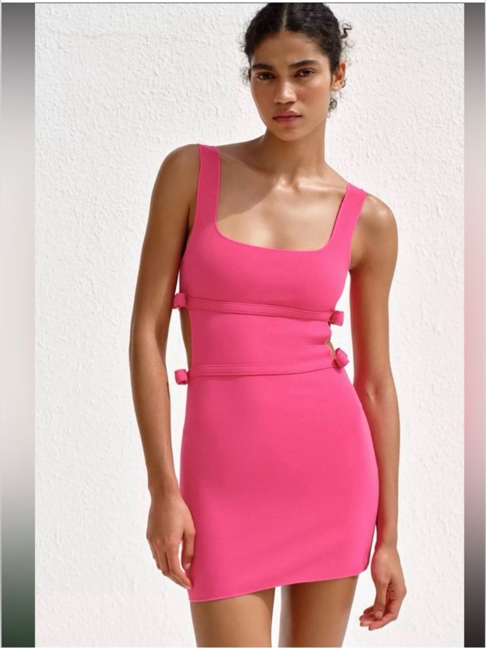 Zara Hot Pink Square-Neck Stretch Tie Mini Dress with Side Tabs Sz Small